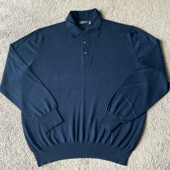 Two Merino Wool Henley Collared Sweaters Nordstrom and Barney’s Brown and Navy - Picture 3 of 10